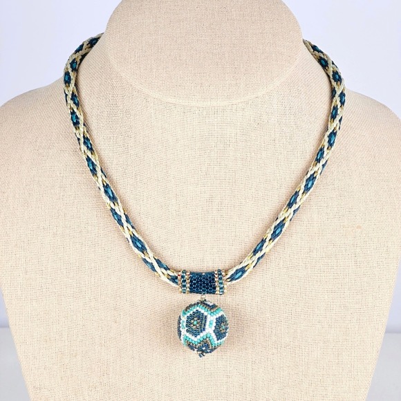 Artisanmade Jewelry - Artisan Boho Teal Blue Gold Crochet Seed Beaded Orb Braided Cord Necklace